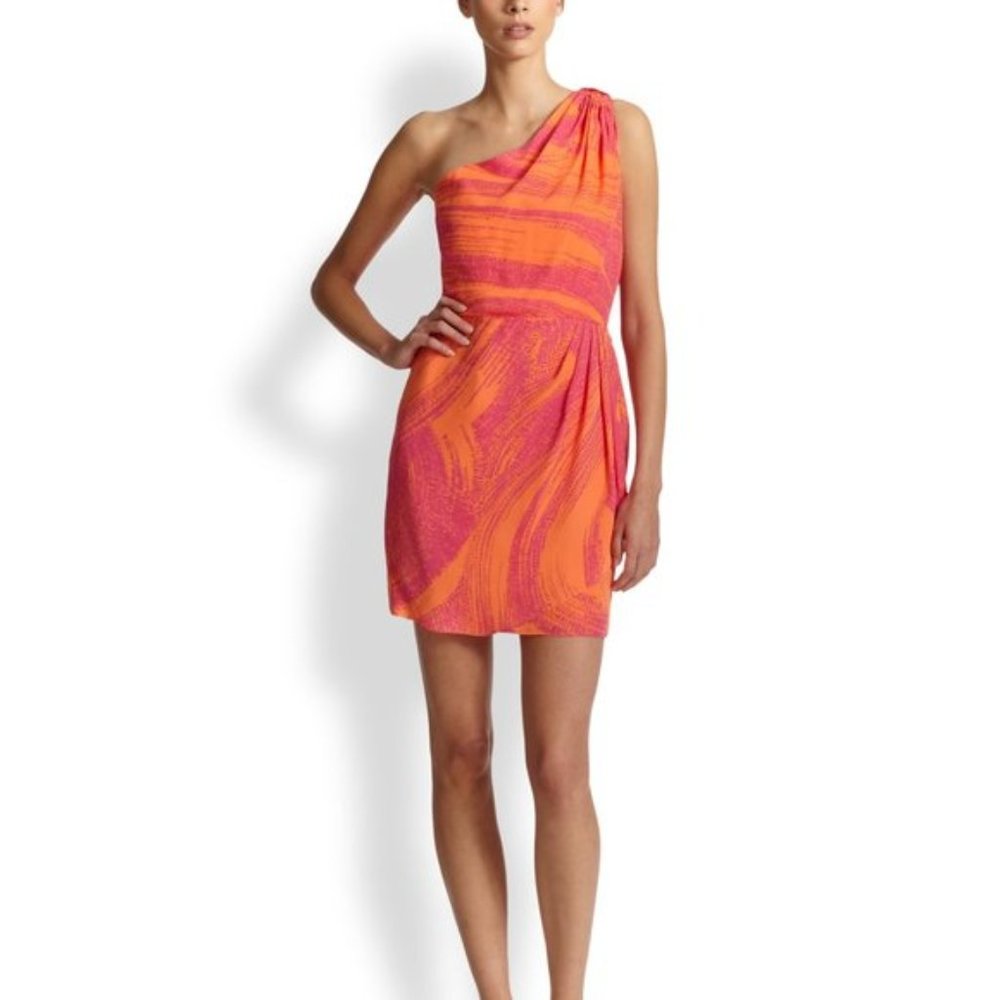 Shoshanna pink and orange one shoulder silk cocktail dress with tulip skirt, 4